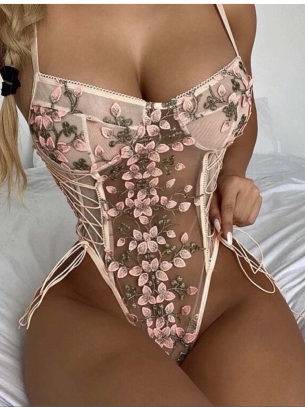 Floral Embroidered Mesh Lace-Up Teddy Bodysuit Pink